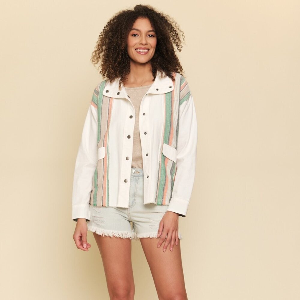 MYSTREE White Button Front Utility Jacket Lightweight Cotton Shacket with Pocket - Picture 2 of 7